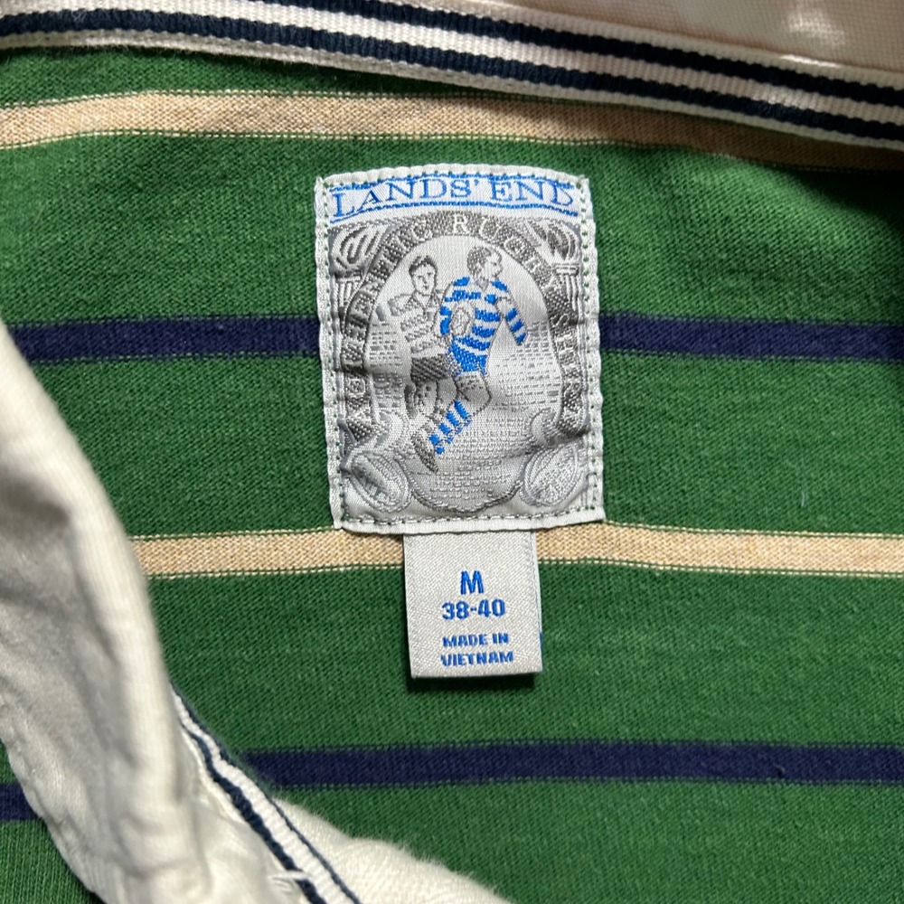 VTG Lands End Rugby Shirt Mens M Green Striped Long Sleeve Contrast Collar - Picture 3 of 9